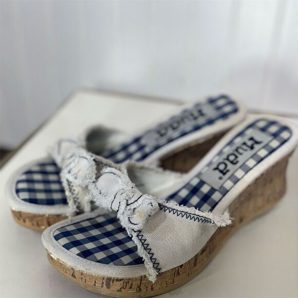 Y2K Mudd Gingham Wedge Sandals 7.5M Blue White Bow Cork Platform Coastal Cowgirl - Picture 1 of 7